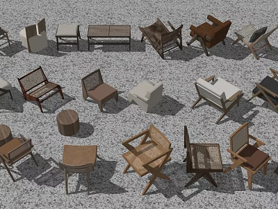 Stylish Lounge Chairs In Various Styles With Wooden Rattan And Side Tables On Gray Floor 3d model