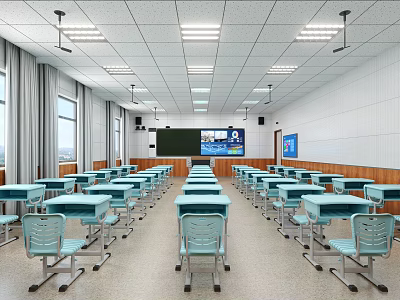 School Classroom Interior With Neatly Arranged Desks And Chairs Front Blackboard And Digital Screen 3d model