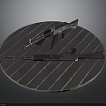 Vintage Military Rifles Displayed On Circular Wooden Platform With Striped Surface