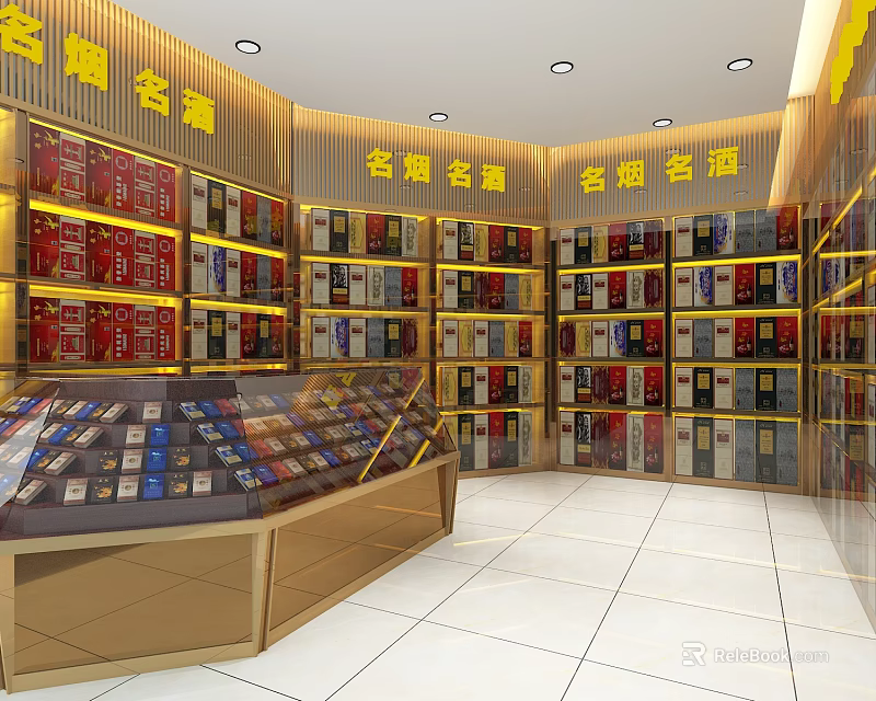 Tobacco and Alcohol Store Interior With Shelves Displaying Various Cigarettes and Liquor 3d model 
