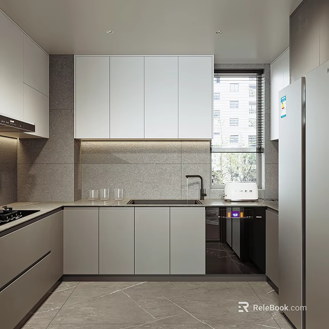 Modern Kitchen Interior With White Cabinets Gray Backsplash And Stainless Steel Appliances 3d model 