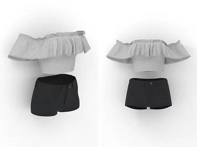 Gray Off Shoulder Ruffled Crop Top With Black Buttoned Shorts Outfit Clothes 3d model