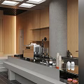 Modern Café with Wooden Walls Gray Pillars Ceiling Square Skylights Bar Counter Black Tables Benches