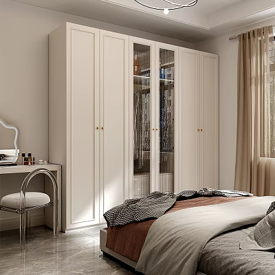 Modern White Wardrobe With Glass Doors Gold Handles And Storage Design In Bedroom Interior 3d model