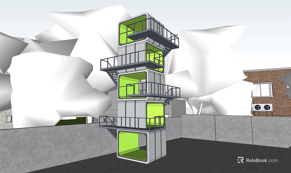 Innovative Multi Storey Container Building With Green Interiors And External Stairs 3d model