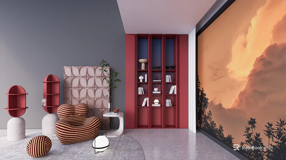Red Bookcase in Modern Living Space with Gray Walls Orange Sky Background and Striped Chair 3d model 