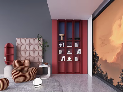 Red Bookcase in Modern Living Space with Gray Walls Orange Sky Background and Striped Chair 3d model