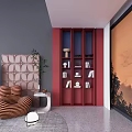 Red Bookcase in Modern Living Space with Gray Walls Orange Sky Background and Striped Chair