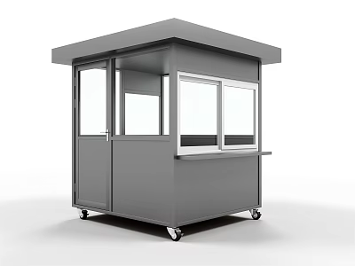 Gray Mobile Security Booth Exterior Design With Wheels Windows And Door 3d model