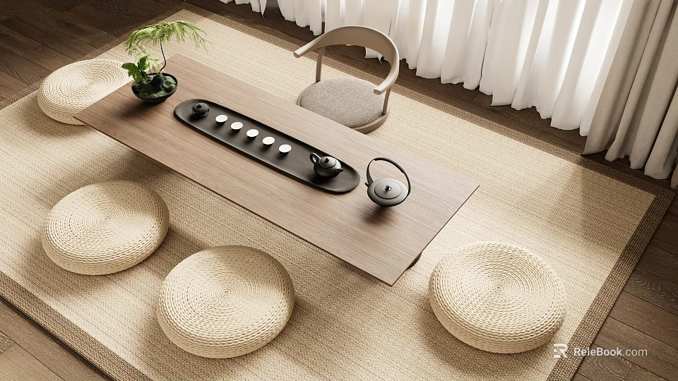 Modern Wooden Tea Table with Black Tea Set and Round Woven Cushions in Cozy Space 3d model 