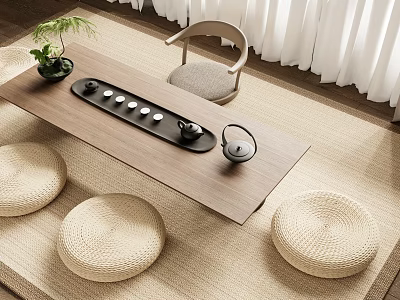Modern Wooden Tea Table with Black Tea Set and Round Woven Cushions in Cozy Space 3d model