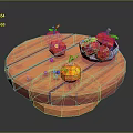 Fresh Assorted Fruits on Wooden Round Table with Blue Bowl and Purple Grapes