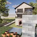 Two Story Detached Villa With Balcony Green Trees Lawn And Flower Pots