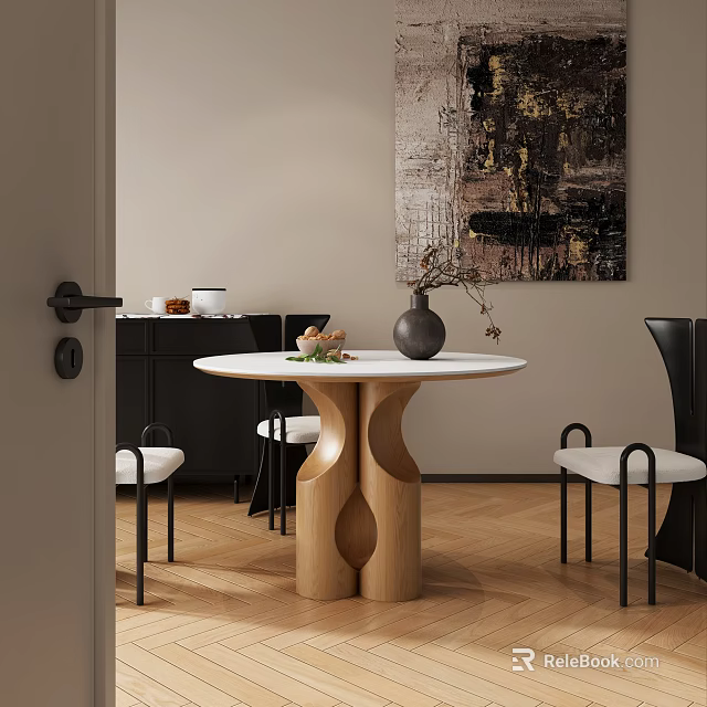 Modern Restaurant Interior With Round Wooden Dining Table Black Chairs And Abstract Wall Art 3d model 