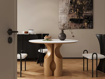 Modern Restaurant Interior With Round Wooden Dining Table Black Chairs And Abstract Wall Art 3d model