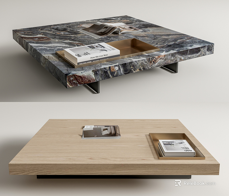 Marble and Wooden Coffee Table with Magazines and Tray for Living Room 3d model 