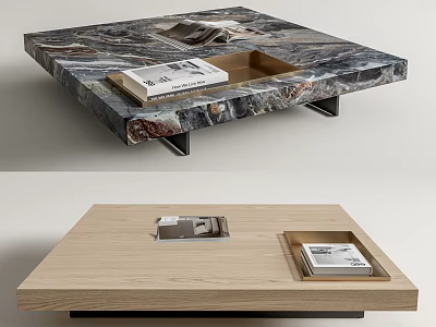 Marble and Wooden Coffee Table with Magazines and Tray for Living Room 3d model