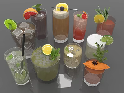 Colorful Refreshing Drinks with Ice Cubes Lemon Slices Mint Leaves and Fruit Garnishes 3d model