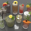Colorful Refreshing Drinks with Ice Cubes Lemon Slices Mint Leaves and Fruit Garnishes