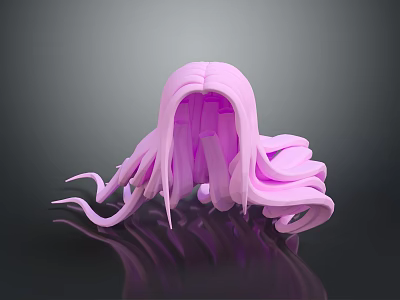 Game Movie Character Head Model Featuring Pink Long Curly Hair on Dark Reflective Background 3d model