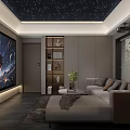 Home Theater Interior Design With Starry Sky Ceiling Large Screen Sofa Window Blinds And Potted Plant