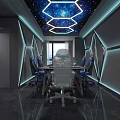 Modern Internet Cafe with Starry Hexagonal Ceiling Geometric Walls Blue Gaming Chairs and Lighting Effects