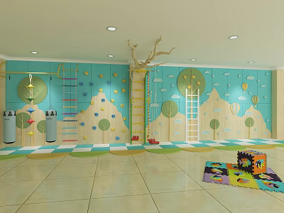 Indoor Kids Sports Equipment Featuring Climbing Wall Ladder Tree Decorations And Colorful Mats 3d model