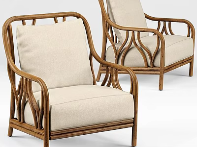 Wooden Frame Lounge Chairs With Curved Arms And Beige Cushioned Seats 3d model