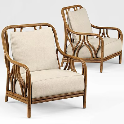 Wooden Frame Lounge Chairs With Curved Arms And Beige Cushioned Seats 3d model