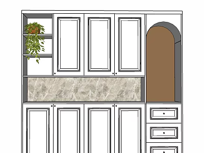 Modern Shoe Cabinet With White Doors Marble Countertop Potted Plant Arched Compartment And Drawers 3d model