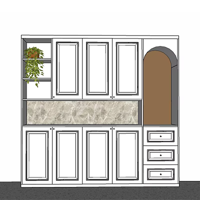 Modern Shoe Cabinet With White Doors Marble Countertop Potted Plant Arched Compartment And Drawers 3d model