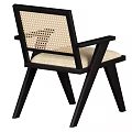 Modern Dining Chair With Black Wooden Frame Woven Backrest And Beige Cushion Armrests Design