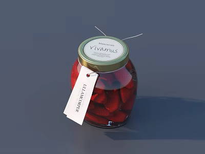 Delicious Preserved Strawberries in Clear Glass Jar With VIVAPATIS Lid and Strawberry Tag 3d model