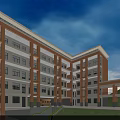 Modern Red Brick School Buildings With Multi Story Curved Design And Green Lawn