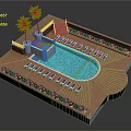 Garden Landscape Design With Swimming Pool Loungers Palm Trees And Brick Flooring
