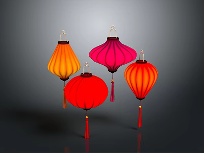 Colorful Chinese Lanterns With Red Orange Pink Hues And Tassels On Dark Background 3d model