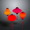 Colorful Chinese Lanterns With Red Orange Pink Hues And Tassels On Dark Background