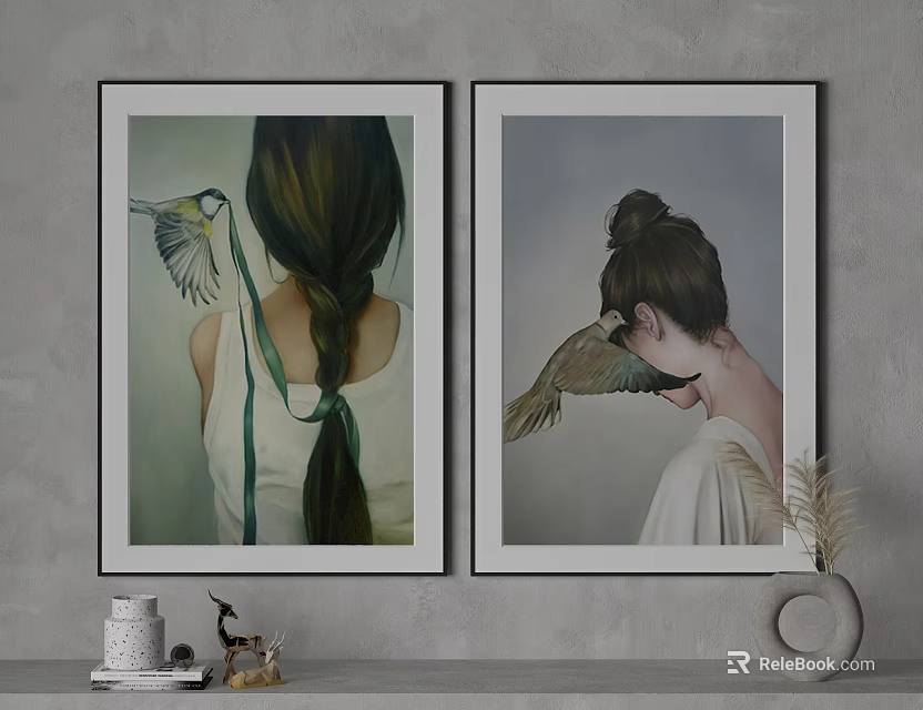 Two Framed Female Portrait Paintings Back View Side Profile With Braided Hair Bun And Birds 3d model 