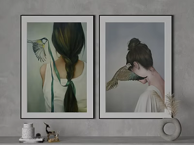 Two Framed Female Portrait Paintings Back View Side Profile With Braided Hair Bun And Birds 3d model