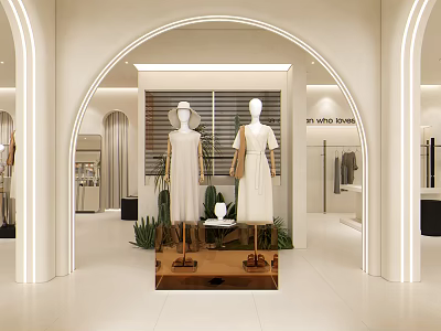 Modern Clothing Store Open Layout With White Dresses Mannequins Arched Doorways And Lighting 3d model