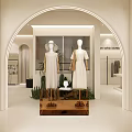 Modern Clothing Store Open Layout With White Dresses Mannequins Arched Doorways And Lighting