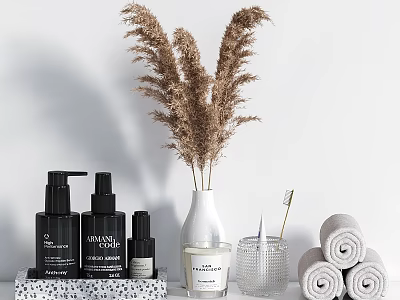 Stylish Daily Wash Essentials With Black Cleansing Bottles Rolled Towels And Scented Candle 3d model