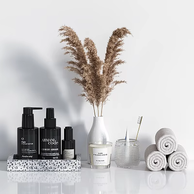 Stylish Daily Wash Essentials With Black Cleansing Bottles Rolled Towels And Scented Candle 3d model