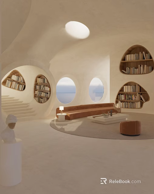 Artistic Book Filled Interior With Arched Shelves And Ocean Views 3d model 
