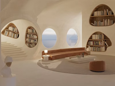 Artistic Book Filled Interior With Arched Shelves And Ocean Views 3d model