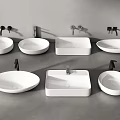 Various Ceramic Washbasins with Faucets in Oval Square Round Shapes on Grey Countertop