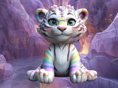 White Reptile With Colorful Stripes Resting On Purple Rocks In Glowing Cave Environment 3d model