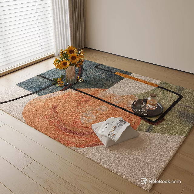 Colorful Square Rug with Geometric Patterns on Wooden Floor Featuring Sunflower Vase Tray and Magazine 3d model 