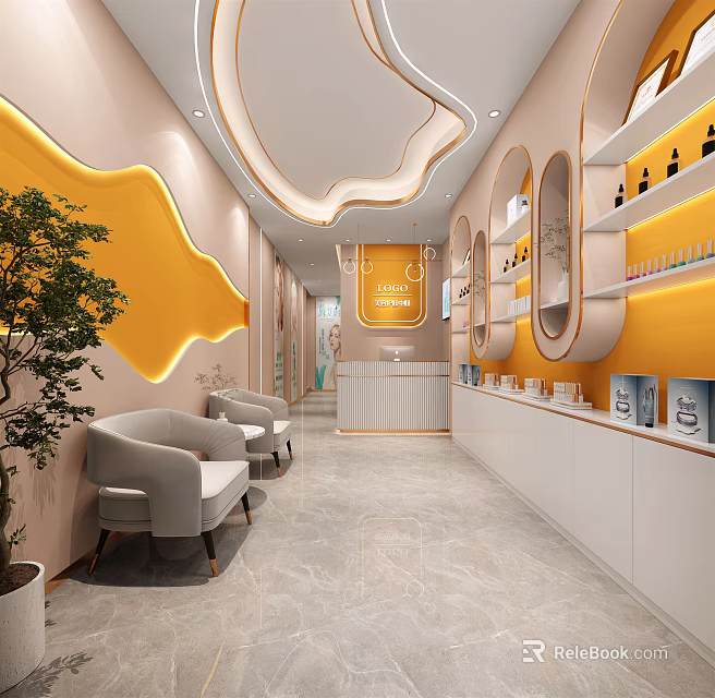 Modern Beauty Salon Interior Design With Yellow Walls Curved Ceiling White Chairs And Product Shelves 3d model 
