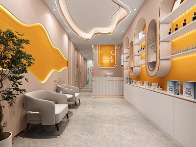 Modern Beauty Salon Interior Design With Yellow Walls Curved Ceiling White Chairs And Product Shelves 3d model